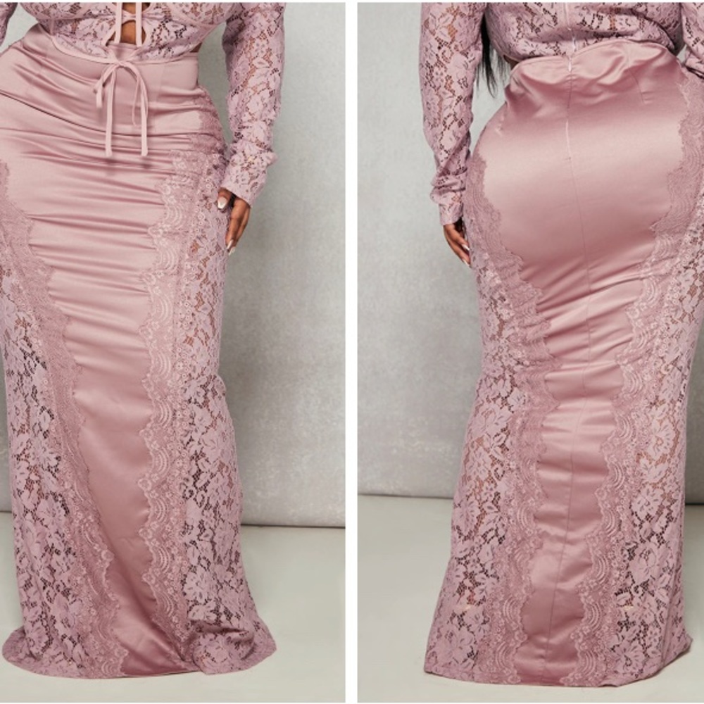 Plus Dark Rose Satin Lace Detail Maxi skirt